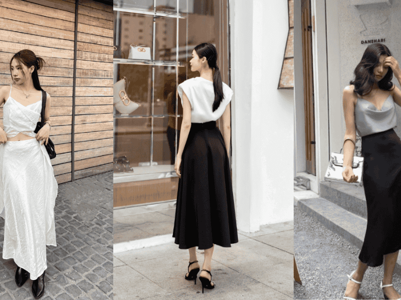 Áo ba lỗ hai dây lụa mix với chân váy maxi xẻ tà