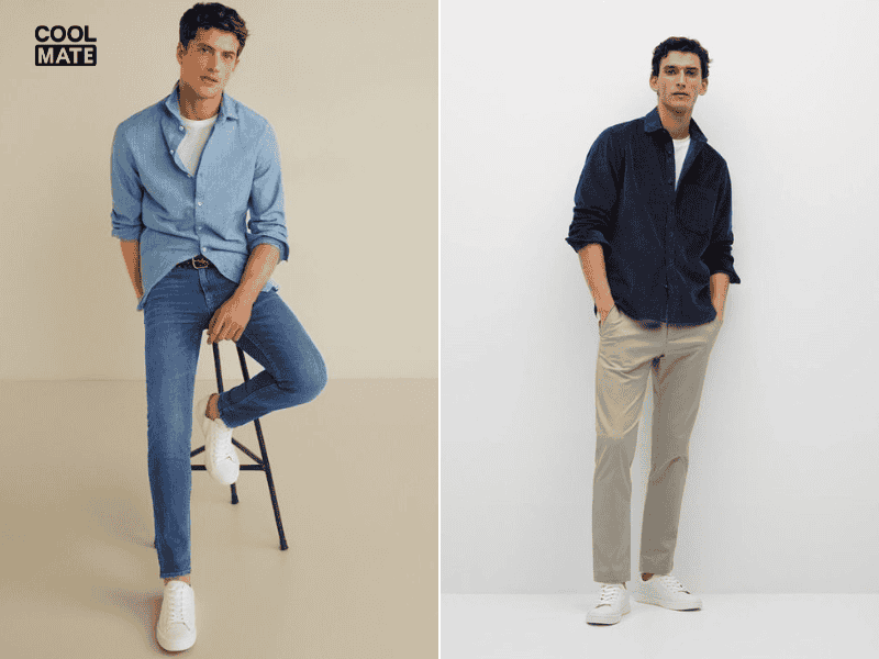 Áo sơ mi denim và quần chinos