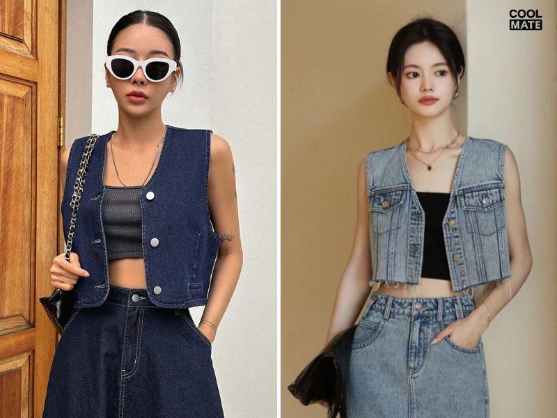 Kết hợp áo khoác jean với áo ống