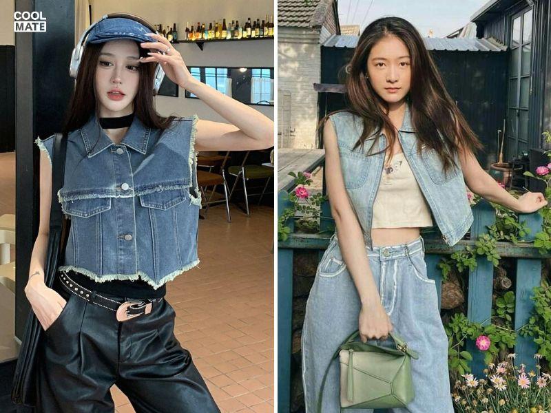 Mix áo khoác jean với áo croptop