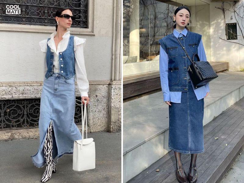 Kết hợp áo khoác jean cùng chân váy jean