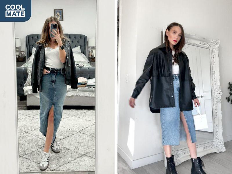 Chân váy denim phối với áo hai dây và áo khoác da giúp bạn trẻ trung hơn