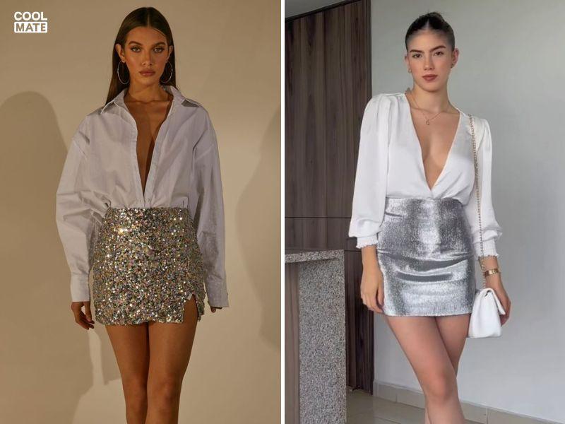Phối đồ màu sắc đơn giản với chân váy sequin