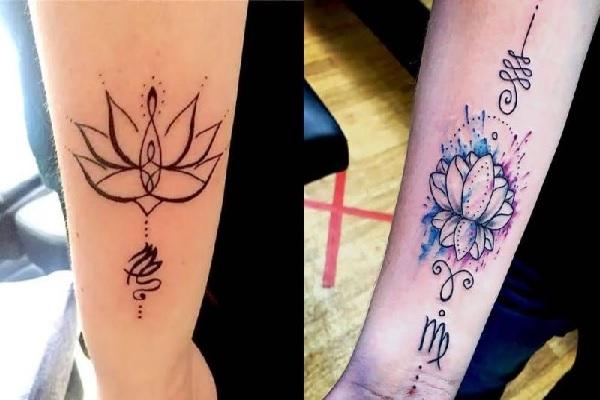 Hình xăm ở cánh tay kết hợp với hình hoa sen