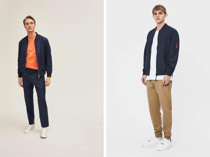Áo khoác bomber + áo thun/sơ mi