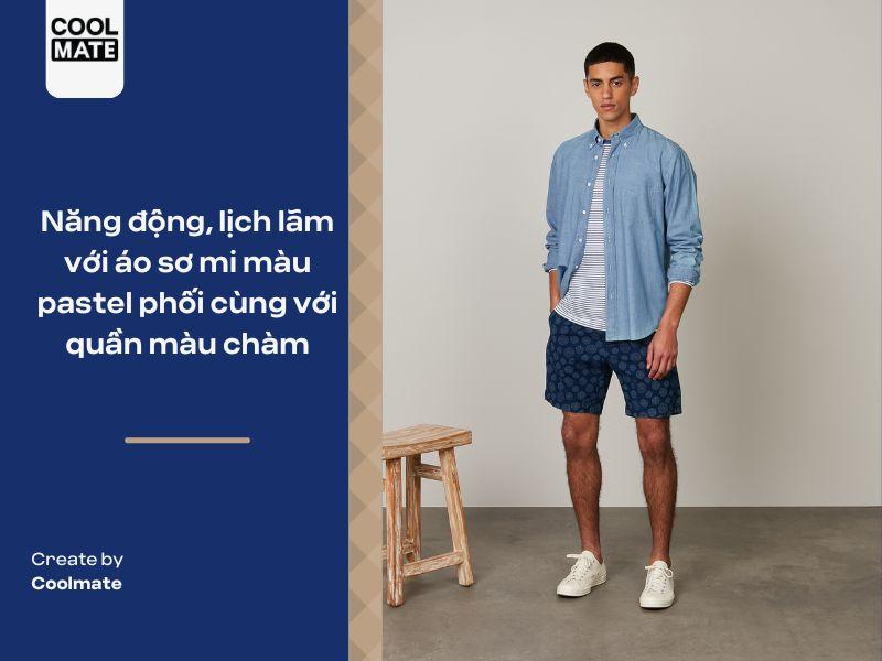 Phối áo sơ mi màu pastel với quần màu chàm năng động cho chàng
