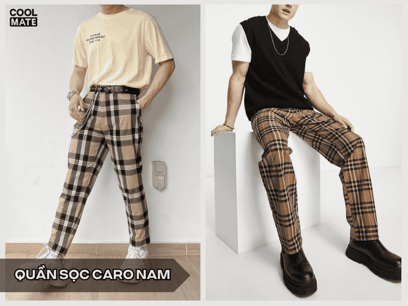 Quần caro nam mặc cùng áo thun
