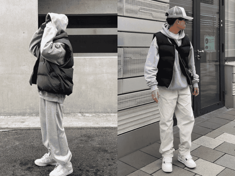 Áo gile phao nam phối cùng áo hoodie
