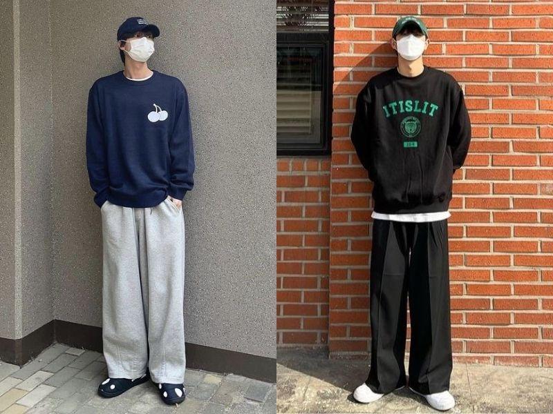 Outfit đi cafe nam: áo sweater, quần vải suông