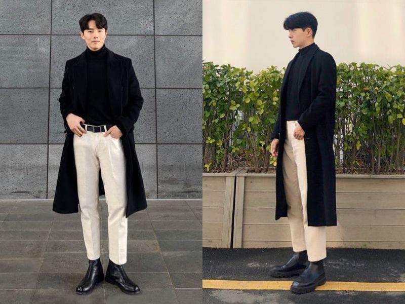 Outfit đi cafe nam: áo măng tô, áo nỉ, quần jeans, boots