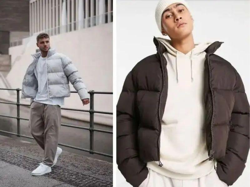 Outfit đi cafe nam: áo phao, hoodie/áo len, quần nhung tăm