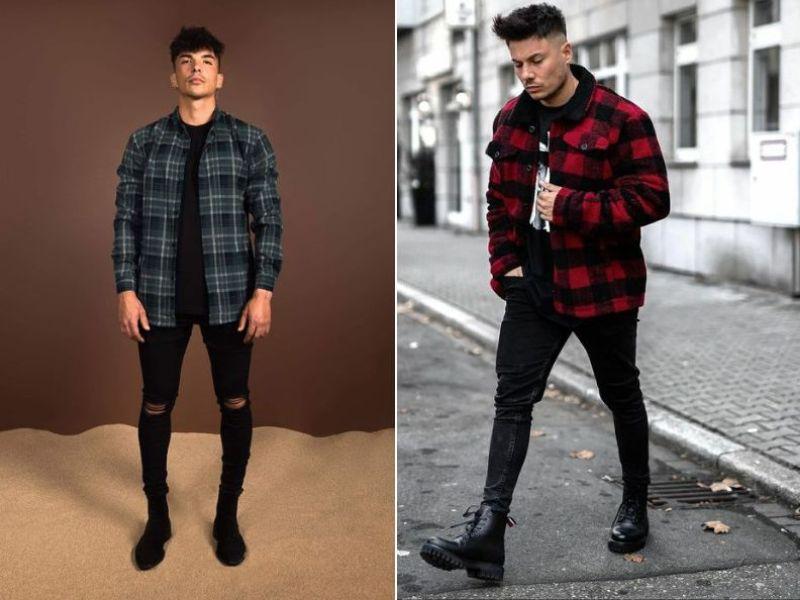 Outfit đi cafe nam: áo phông, quần jean rách, áo flannel
