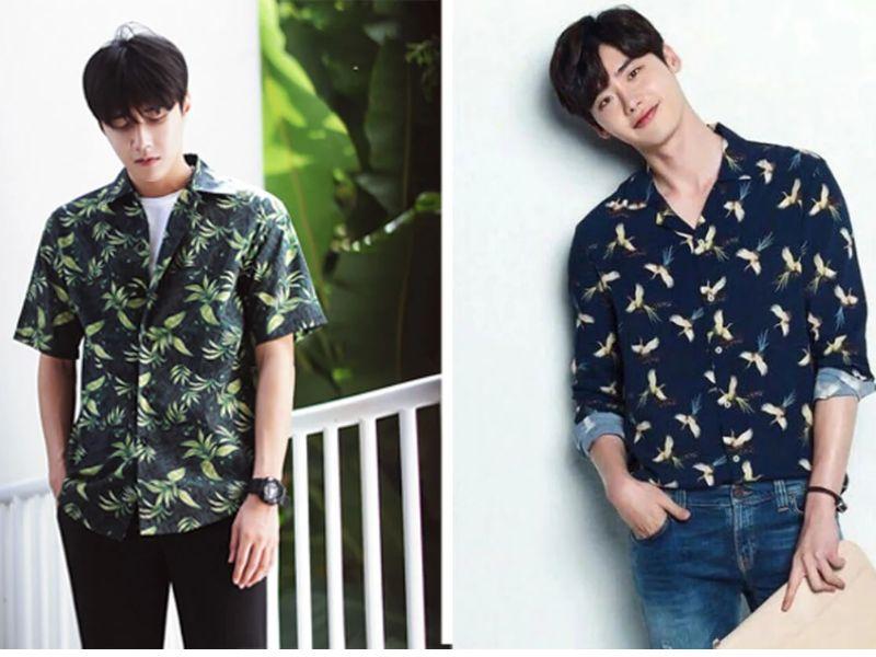 Outfit đi cafe nam: áo sơ mi họa tiết, quần jeans