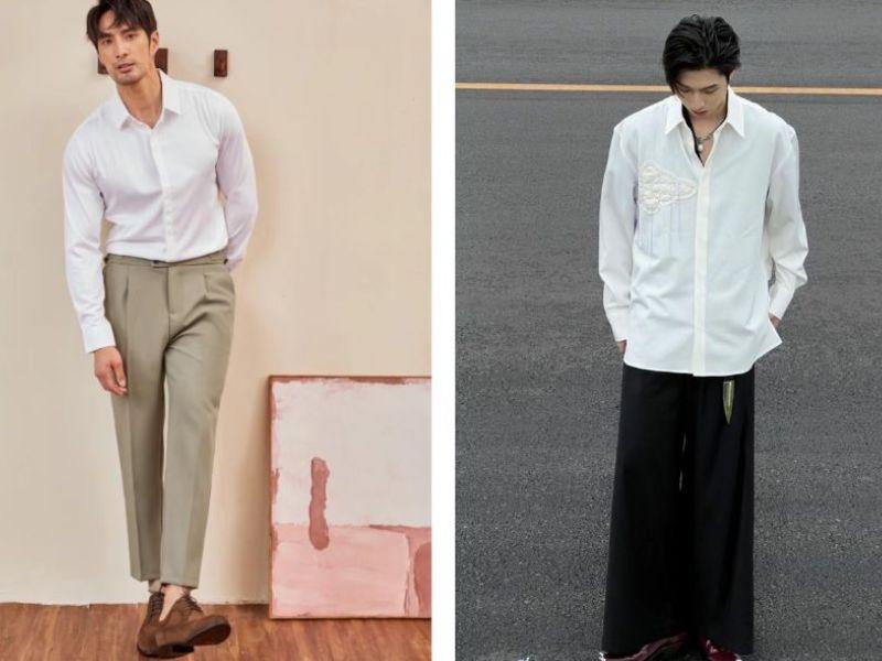 Outfit đi cafe nam: áo sơ mi mở cúc, quần âu