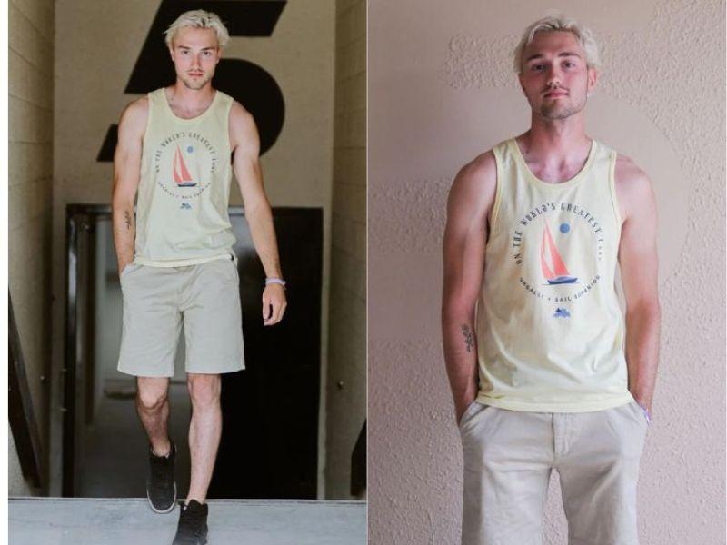 Outfit đi cafe nam: áo tank top, quần short