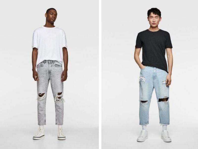 Outfit đi cafe nam: áo thun trơn, quần jeans rách gối xanh