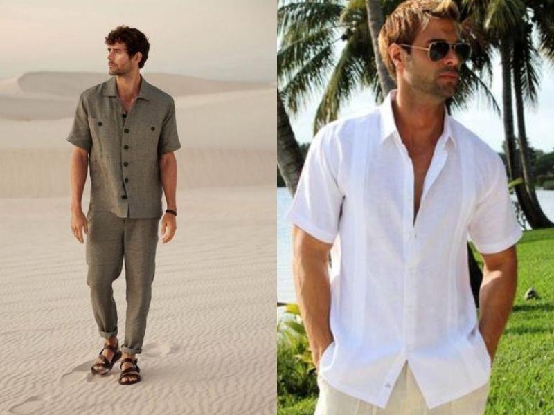 Outfit đi cafe nam: sơ mi đũi, quần vải, sandal
