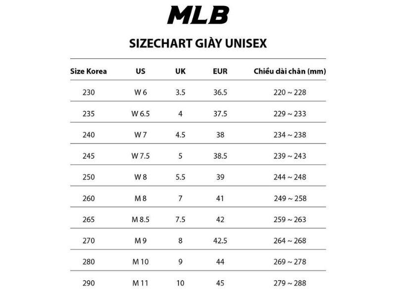  Bảng size giày nam MLB