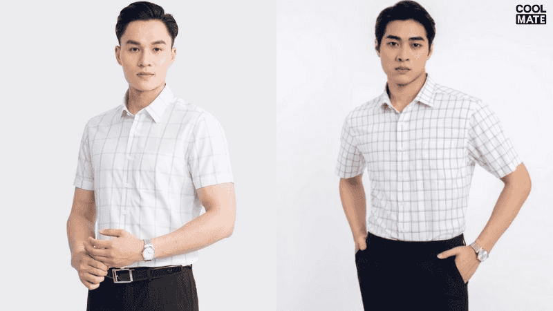 Áo sơ mi trắng họa tiết sọc caro