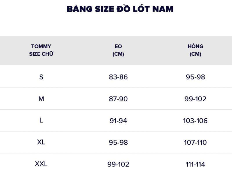 Bảng size quần lót thương hiệu Tommy