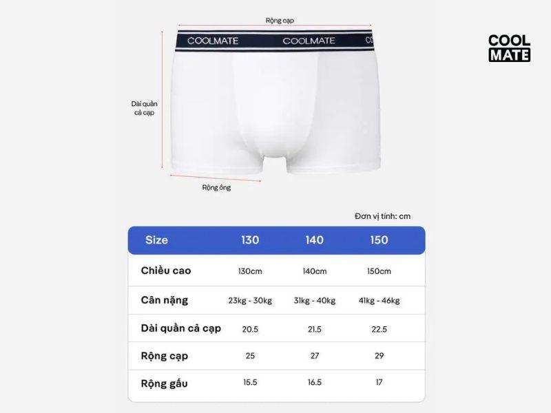 Bảng size quần l&oacute;t cho trẻ em tại Coolmate