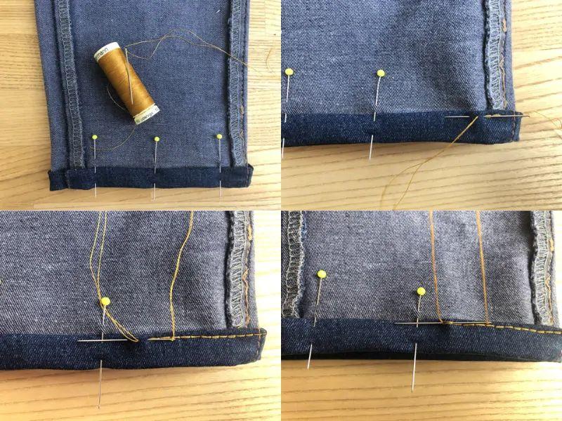 Cố định phần gấu quần mới bằng kim hoặc máy may để chắc chắn lai quần mới