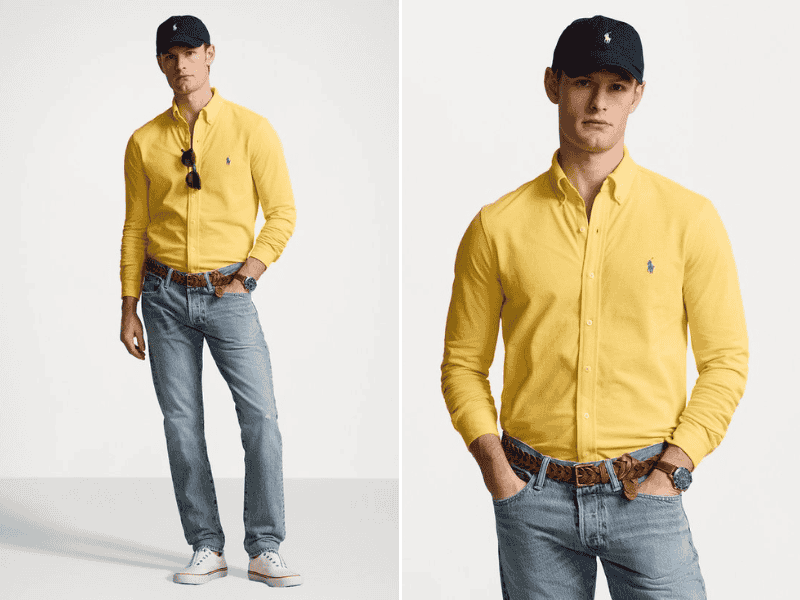 Phối áo sơ mi nam màu vàng nâu và quần jeans màu sáng 