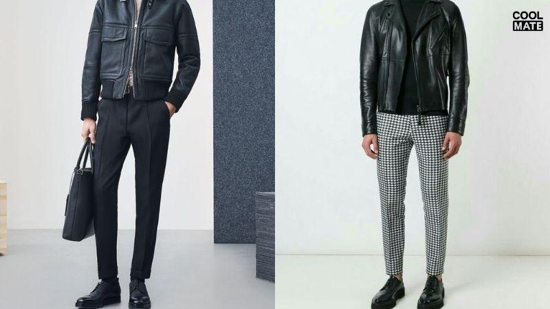  Phối giày oxford cùng áo khoác da và quần jean