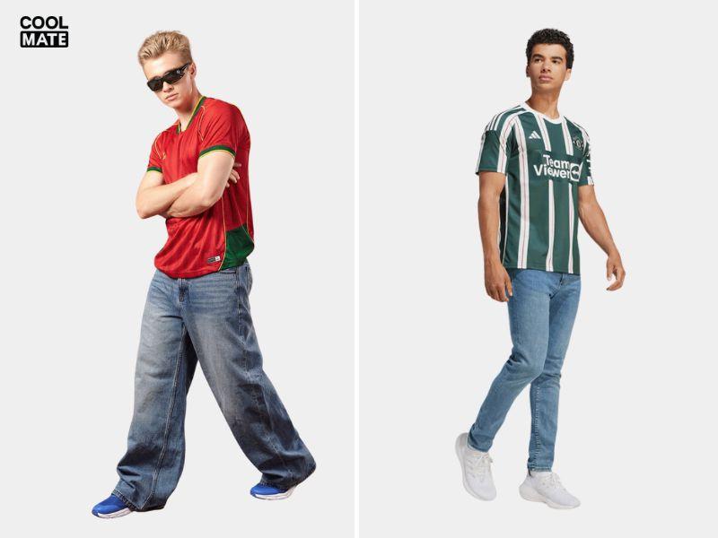 Áo bóng đá nam phối với quần jeans