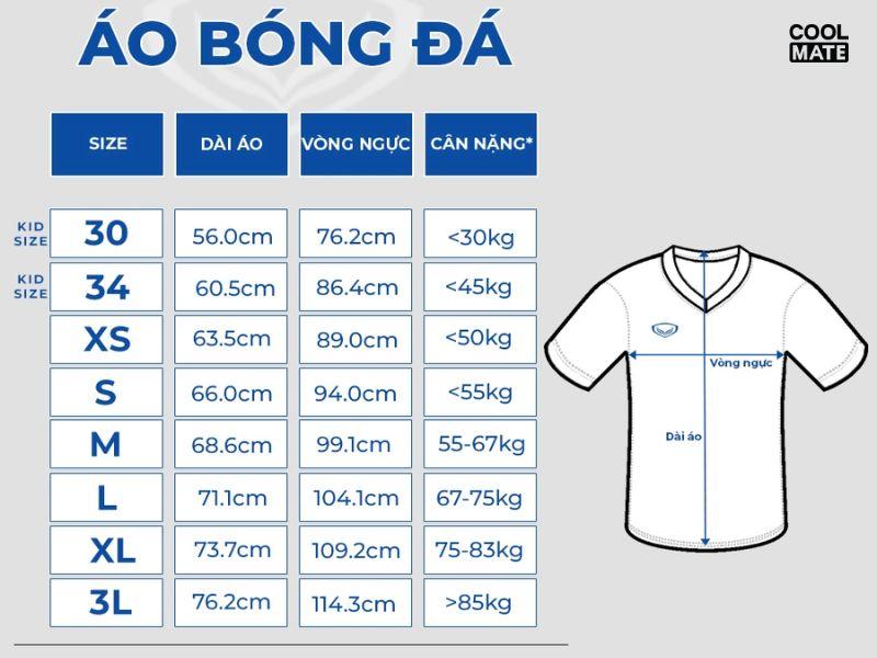 Bảng size áo đá bóng nam