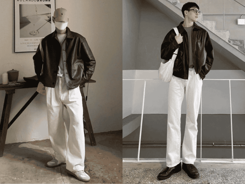 Set đồ công sở nam với quần jeans và áo khoác da