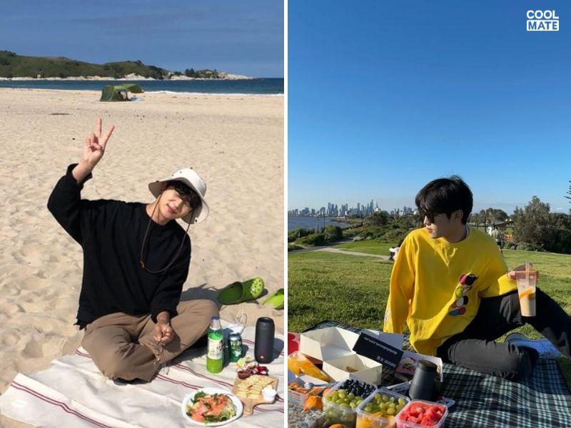 Áo sweater phối quần chinos đi picnic