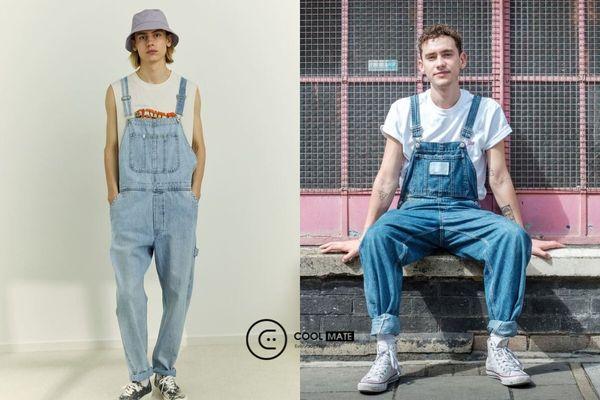 Cách kết hợp phổ biến: áo phông trắng, quần yếm denim xanh và sneakers trắng.