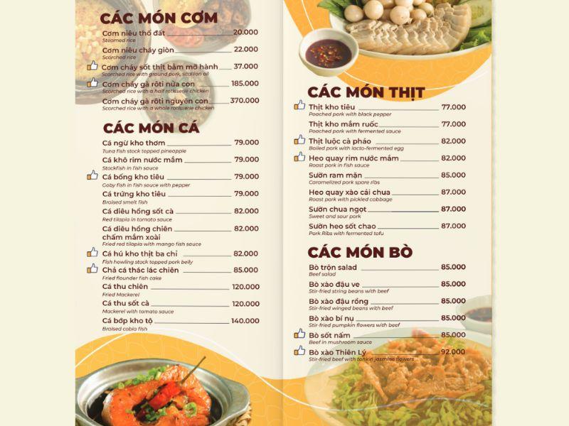 Menu một số món ăn tại Cơm niêu Thiên Lý (nguồn: Cơm niêu Thiên Lý)