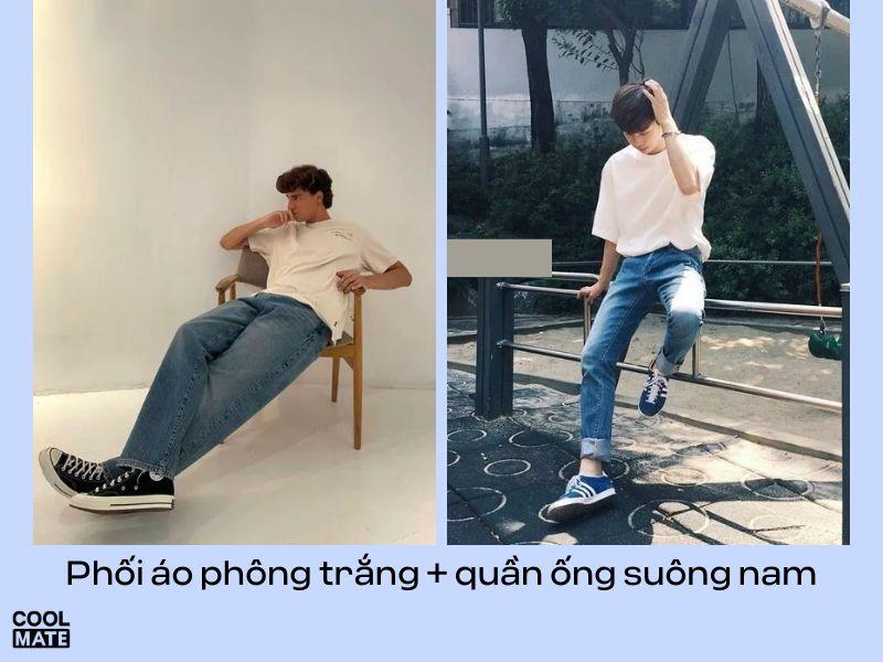 Đơn giản cùng áo phông trắng và quần jeans ống suông nam