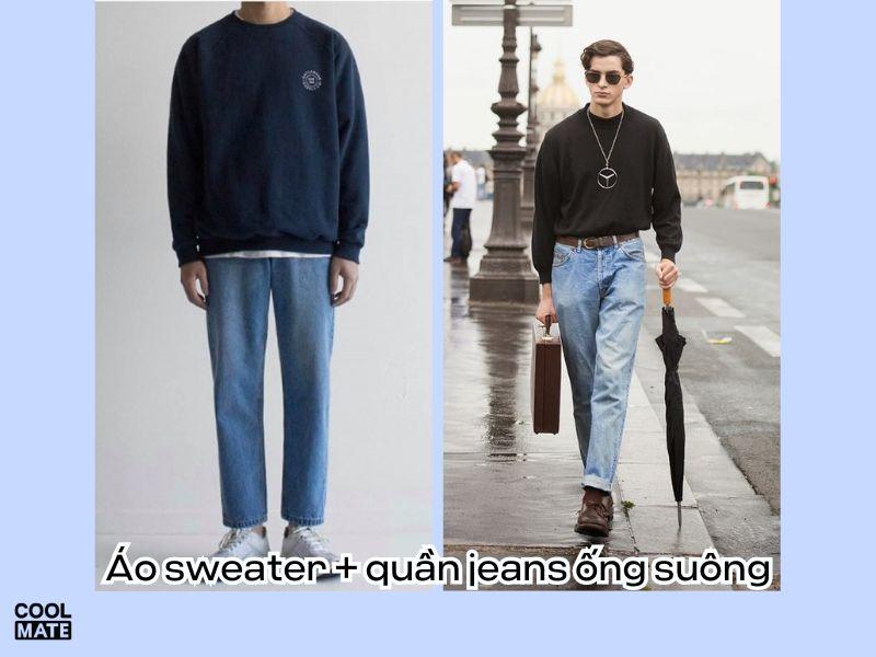 Phối quần jean ống suông + áo sweater tối màu