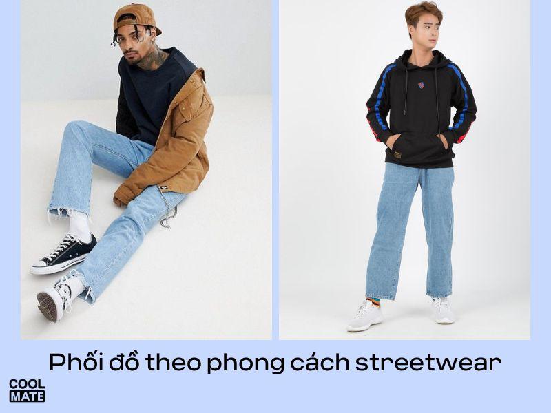 Phối đồ với phong cách streetwear cùng quần ống rộng nam