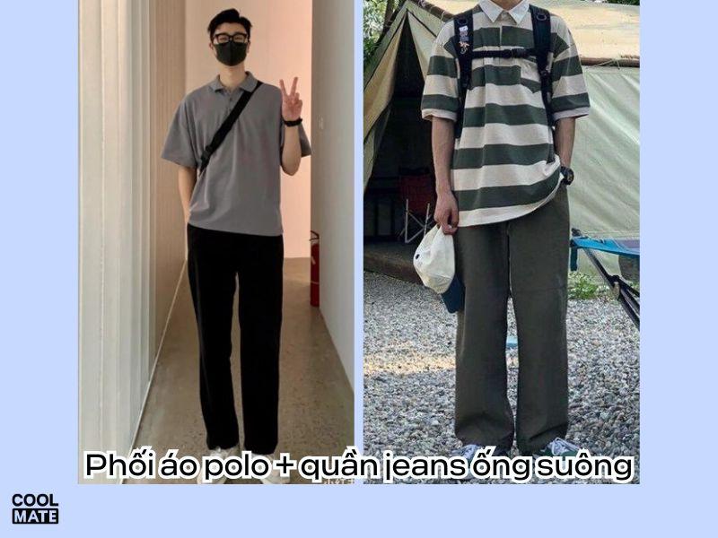 Phối áo polo + quần jeans nam ống suông