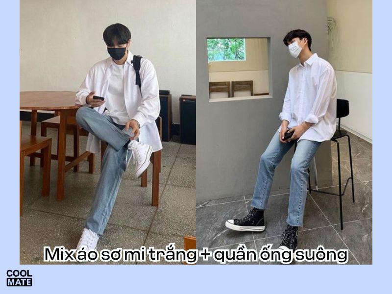 Đơn giản nhưng cực kì lãng tử cùng quần jeans ống suông và áo sơ mi trắng 