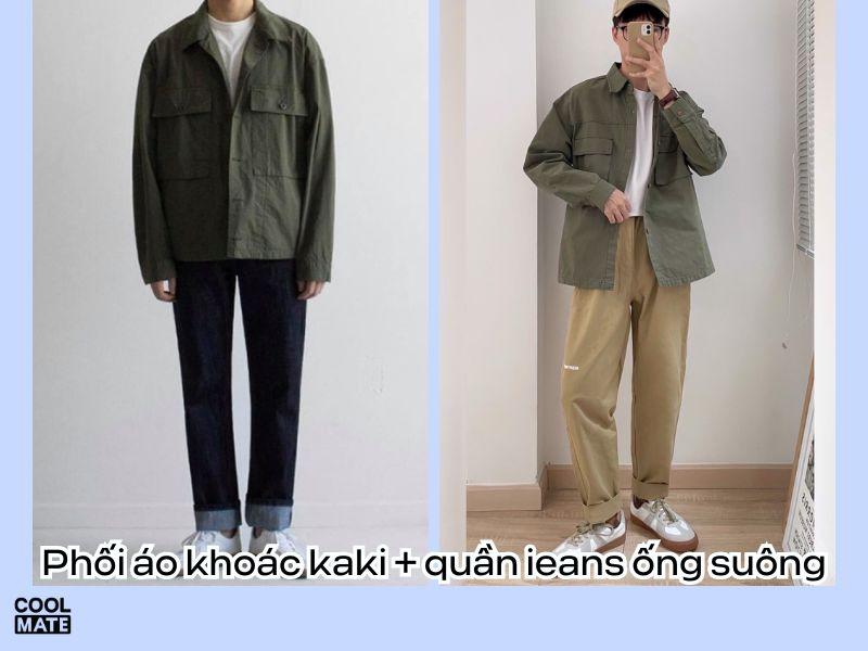  Thử ngay cách kết hợp quần jean ống suông dài xắn lai + áo thun trắng + áo khoác kaki màu xanh rêu