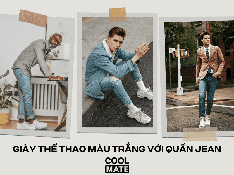Giày thể thao màu trắng với quần jean