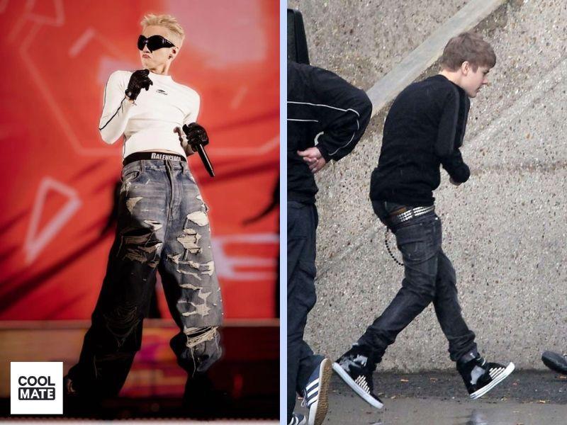 Phối áo thun tay dài và quần jeans nam theo style quần tụt 