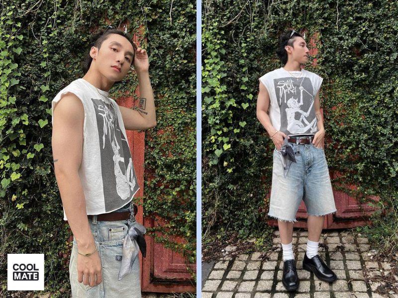 Phối đồ theo xu hướng mặc quần tụt với áo sát nách và quần jeans lửng nam