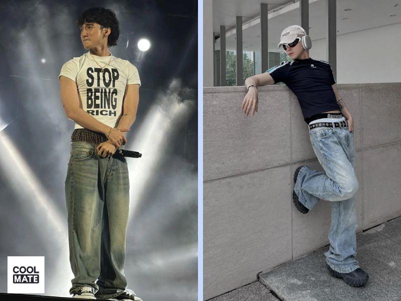 Phối đồ theo style quần tụt với áo thun ôm và quần jeans cạp trễ
