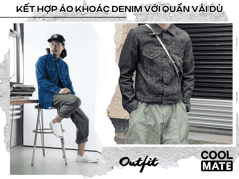 Phối quần vải dù với áo khoác denim