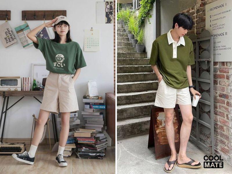 Áo thun xanh phối với quần short kaki mát mẻ phù hợp với ngày hè