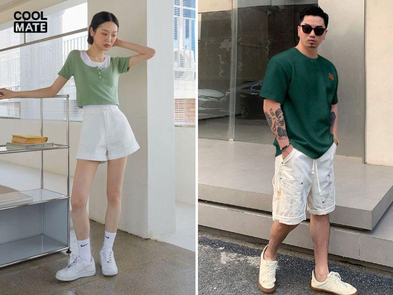 Áo thun xanh lá phối với quần short trắng