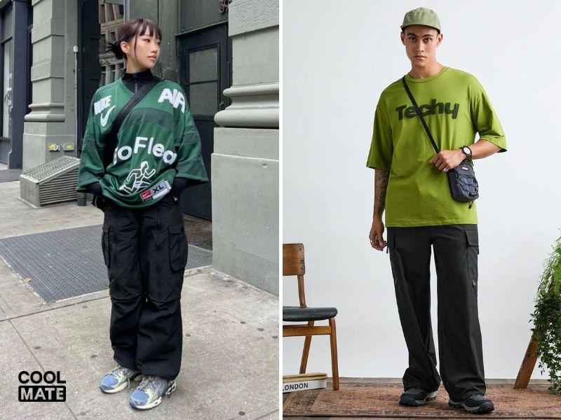 Áo thun xanh lá phối với quần jogger ống rộng