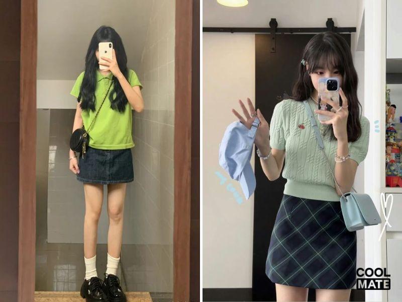 Áo thun xanh lá phối với chân váy chữ A