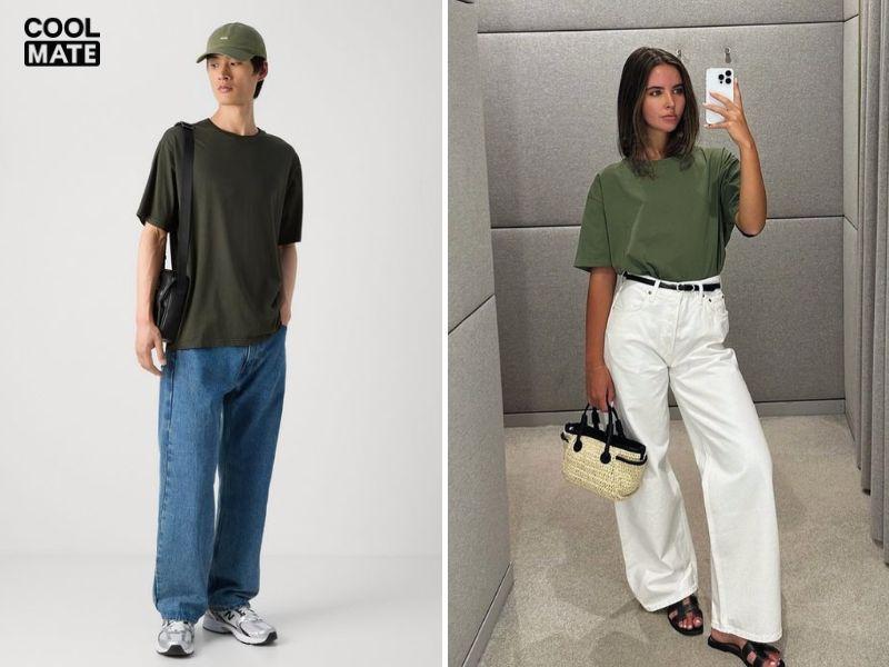 Giày thể thao và sandals đều hợp với áo thun xanh lá
